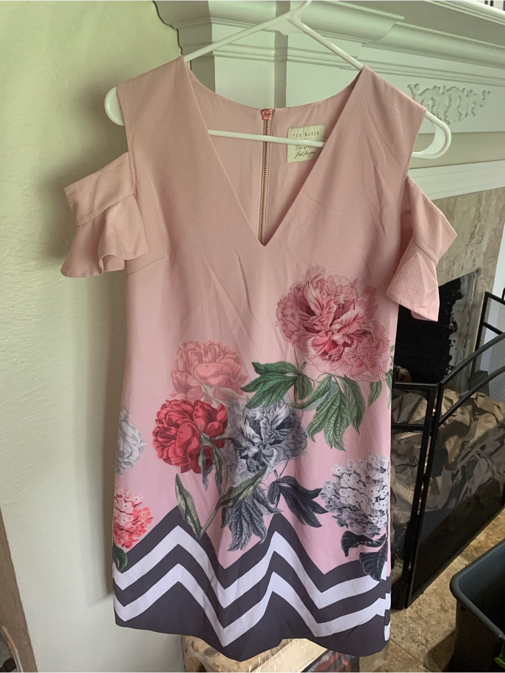 Ted Baker Pink Floral Cold-Shoulder Shift Dress with Chevron Hem